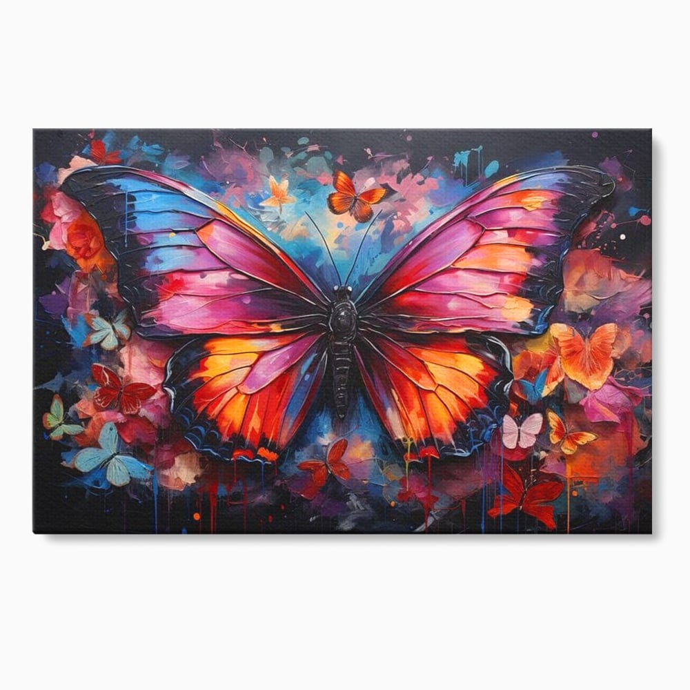 Tablou canvas cu tablou canvas cu fluture central multicolor, fara rama, pe sasiu de lemn
